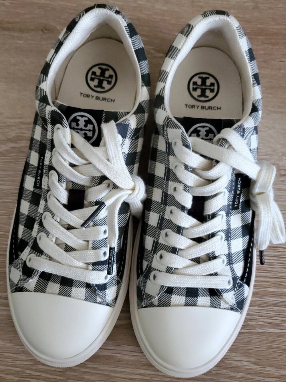 Tory Burch Classic Court Lace Up Black Gingham Canvas Sneaker Size 6